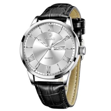 Imagem de Taxau Relógio masculino de couro, casual, à prova d'água, moderno, mostrador grande, analógico, quartzo, relógio de pulso masculino com data luminosa, Prata - g8408, round, Minimalista