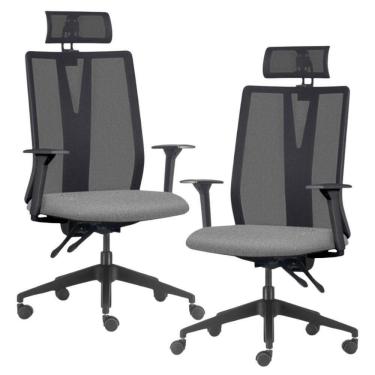 Imagem de Kit 2 Cadeiras Escritório Giratória Presidente Flow F02 Base Preta Linho Cinza Escuro - Lyam Decor