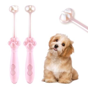 Imagem de Gluckelk Pacote com 2 escovas de dentes para cães com 3 lados, escovas de dentes para filhotes com tecnologia exclusiva de cerdas, higiene bucal para animais de estimação, para cães médios e pequenos