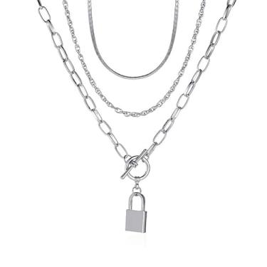 Imagem de ONLYJUMP Colares femininos empilhados com cadeado preto, corrente de coração, grunge, em camadas, grosso, elegante, minimalista, joia com pingente, Large, Zinco, Sem Pedra Preciosa