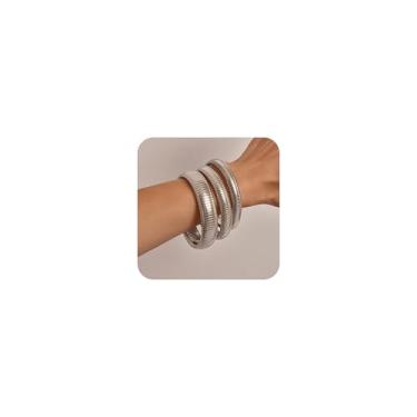 Imagem de Poxtex Conjunto de pulseiras de ouro para mulheres, pulseiras elásticas grossas de aço inoxidável banhado a ouro 14K, pulseira flexível de corrente de elos largos para mulheres, 3 joias presentes,