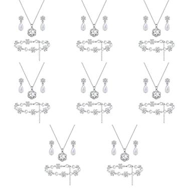 Imagem de Conjunto de joias de dama de honra para mulheres e meninas, pingente de flor banhado a ouro 18 K, prata e ouro rosa, com colar de pérolas, brincos, presente de dama de honra para casamento e pedido de casamento, festa e formatura, Zinco Vidro Pérola sintética, Pérola sintética