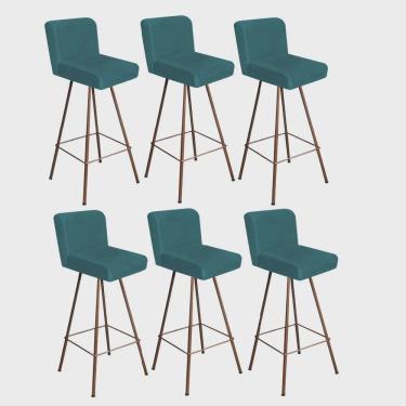 Imagem de Kit 06 Banqueta Alta Lexi Com Encosto Cozinha Bar Balcão Bistrô Ferro Bronze Suede Azul Turquesa - Ahz Móveis