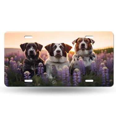 Imagem de Capa criativa para placa de licença Three King Dog Flowers - Etiqueta artística de alumínio, à prova de ferrugem, design exclusivo - 15 x 30 cm