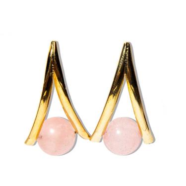 Imagem de Brinco em V Bolinha Quartzo Rosa Tarracha Dourado REF BV7290