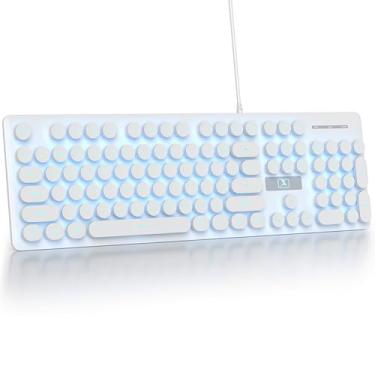 Imagem de Fogruaden Teclado de máquina de escrever retrô com fio, teclado de membrana silencioso de tamanho completo, teclado de computador branco fofo, 104 teclas redondas, retroiluminação LED azul, fino