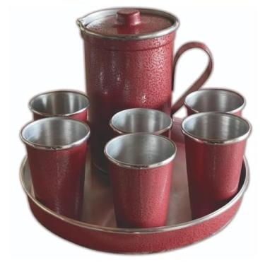 Imagem de Jogo de 6 Copos Com Jarra e Bandeja 8 Peças Kit Suco de Alumínio (Vermelho)