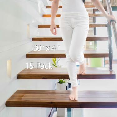 Imagem de Q-Hillstar Degraus de escada transparentes antiderrapantes, fita antiderrapante impermeável de 10 x 76 cm (pacote com 15) | Tira de degrau antiderrapante de alta tração, alças de escada