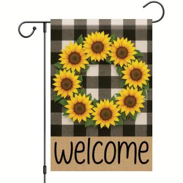 Imagem de Starlit Patio Guirlanda de boas-vindas xadrez búfalo bandeira de jardim bandeira de flor de girassol 30 x 45 dupla face floral tropical decoração de quintal sinal de boas-vindas para primavera verão