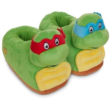 Imagem de Teenage Mutant Ninja Turtles Pantufas masculinas TMNT 3D de pelúcia – Chinelos Michaelangelo, Raphael, Donatello e Leonardo, Verde, 13-14