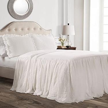 Imagem de Lush Decor Conjunto de colcha com saia com babados, 3 peças, roupa de cama luxuosa de fazenda - detalhe elegante com babados - estilo atemporal - lençóis leves e macios - King, branco
