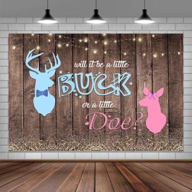 Imagem de Pano de fundo fotográfico de 1,8 x 1,8 m revela gênero para foto de fundo para chá de bebê, cenário rústico de madeira para meninos ou meninas, cervo, decoração de cabine de fotos, faixa de balão