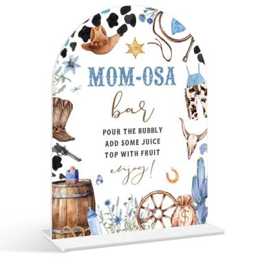 Imagem de Placa de bar Mom-osa - Sinal de chá de bebê caubói, 1 pacote de placa de acrílico com suporte, decoração de mesa de festa reveladora de gênero, artigos de chá de bebê de rodeio do oeste selvagem (SE07