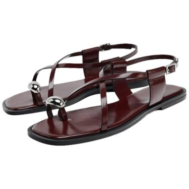 Imagem de YIYA Sandália feminina gladiadora de tiras rasteiras abertas bico quadrado salto baixo tira no tornozelo sapatos de verão, Borgonha, 39