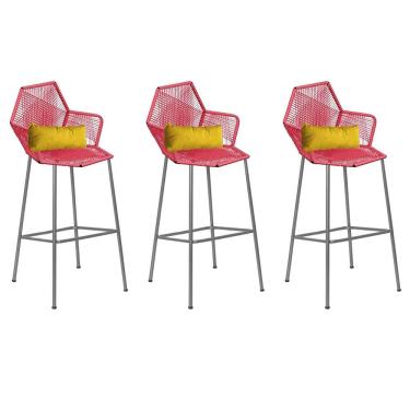 Imagem de Kit 03 Banqueta Alta Sttar Ferro Prata Fibra Coral Almofada Amarelo