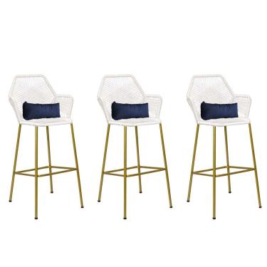 Imagem de Kit 03 Banqueta Alta Sttar Ferro Dourado Fibra Branco Almofada Corino Azul Marinho - Amey Decor