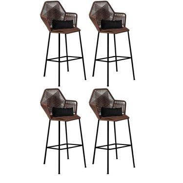 Imagem de Kit 04 Banqueta Alta Com Encosto Sttar Ferro Preto Fibra Marrom Almofada Suede Preto