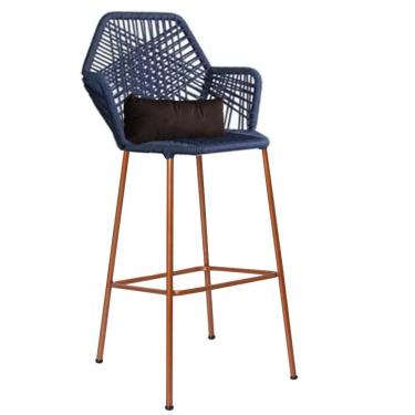 Imagem de Banqueta Alta Sttar Ferro Bronze Fibra Azul Marinho Almofada Corino Marrom - Amey Decor