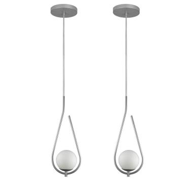 Imagem de Kit 2 Pendentes Lustres On Drop Prata Globo De Vidro Branco