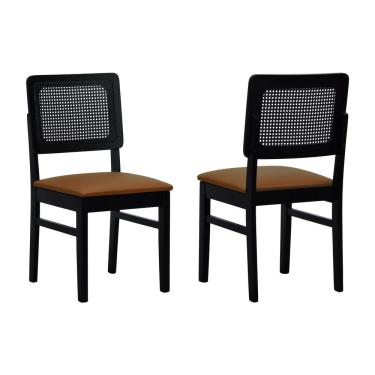Imagem de Kit 2 Cadeiras Madeira Maciça Lyon Encosto Telinha - Preto Assento Estofado Corano Caramelo