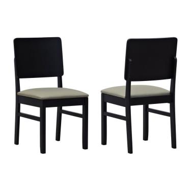 Imagem de Kit 2 Cadeiras Quéops Madeira Maciça Encosto Anatômico Assento Estofado - Preto Linho Bege