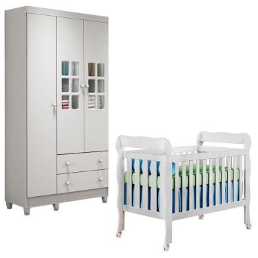Imagem de Berço Americano Lila E Guarda Roupa Mariah 3 Portas Branco Brilho - Carolina