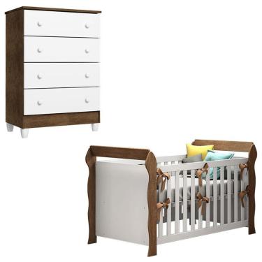 Imagem de Kit Berço Americano Lara e Cômoda Gaveteiro Ariel em MDF e MDP com Grade Ajustável Branco