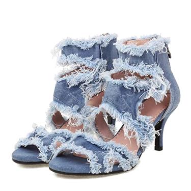 Imagem de Bapolee Sandálias Femininas De Salto Alto Jeans Com Bico Aberto, Confortáveis, Estilosas, Tira No Tornozelo, 5