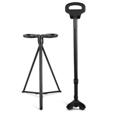 Imagem de ArcMega Bengala Dobrável Com Assento Para Idosos - Cadeira De Leve Ajustável 7 Alturas, Portátil Alça Ergonômica E Base Antiderrapante, Auxílio Mobilidade Alumínio Durável (Preto)