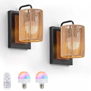 Imagem de zhkung Conjunto De 2 Arandelas Parede Operadas Por Bateria, Luzes Vime Boho Sem Fio Com Lâmpadas Reguláveis, Controle Remoto E 12 Cores Rgb, Recarregáveis Para Quarto, Sala Estar, Iluminação Interna