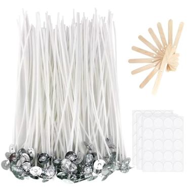Imagem de TAODAN 100 Peças De Pavio Vela Algodão 8" Com 3 Adesivos E 10 Suportes, Materiais Para Fazer Faça Você Mesmo, Cera Soja, Abelha Coco