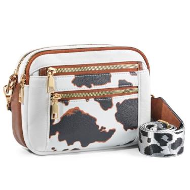 Imagem de WJCD Bolsa tiracolo feminina - bolsa de ombro leve de couro vegano com alça ajustável, bolsas pequenas elegantes, Estampa de vaca branca com marrom