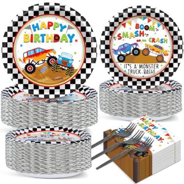 Imagem de 200 peças de artigos de festa Monster Truck, pratos e guardanapos para carro, festa de aniversário, utensílios de mesa, decoração para crianças, meninos, preto e branco, material de aniversário, serve