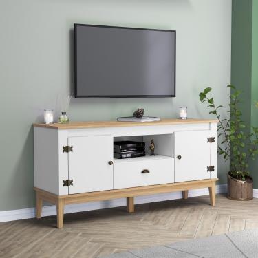 Imagem de Rack para TV até 55 Polegadas 2 Portas 1 Gaveta com Pés de Madeira Colonial Movelbento - Mel/Branco