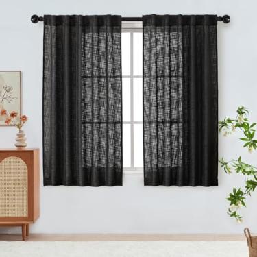Imagem de Simplebrand Cortinas semitransparentes texturizadas de linho preto, 153 cm de comprimento, 2 painéis para quarto, cortinas de janela de privacidade com filtragem de luz curta, transparentes, macias
