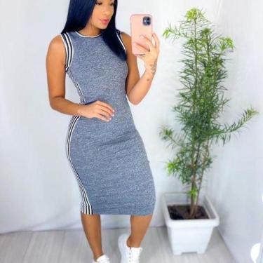 Imagem de Vestido midi feminino manga regata malha canelada listra lateral - Fil