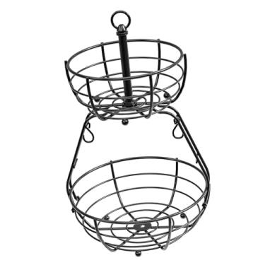 Imagem de KiBcsLic Cesta de frutas de 2 camadas, tigela, organizador de metal, mesa, preta, cesta de armazenamento de frutas e vegetais