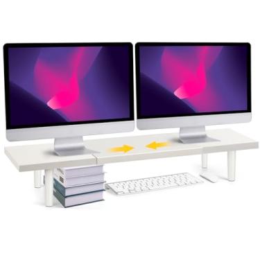 Imagem de Across-Star Suporte Para Monitor Duplo Com Elevação Mesa, Comprimento Ajustável De 32-40", Computador Mesa Grande 2 Telas, Organizador Prateleira Computador/Laptop/Pc/Impressora/Tv, Branco