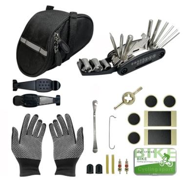 Imagem de Kit de ferramentas de reparo de bicicleta – Conjunto de ferramentas de bicicleta com 21 peças com chaves hexagonais, alavancas de pneu, kit de remendo, luvas e bolsa de selim portátil – Kit completo