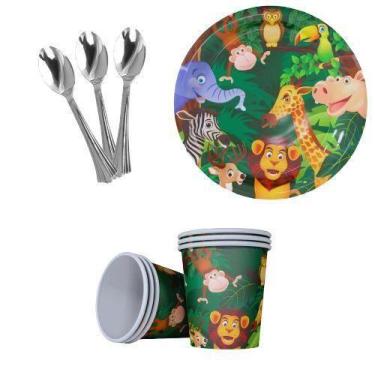 Imagem de Kit 20 Convidados Pratos Copos Papel Colher 14Cm Safari - Udlandia