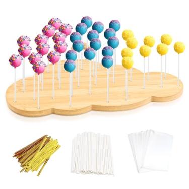 Imagem de Suporte para bolo pop com 37 furos, suporte de pirulito para festas, casamentos, conjunto inclui 90 palitos e envoltórios de bolo, acessórios para bolo (formato de nuvem) (nuvens, 37 furos)
