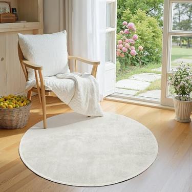 Imagem de jinchan Tapete redondo de pelúcia sólida, 1,2 m, redondo, lavável, interior, macio, moderno, de lã sintética, antiderrapante, para sala de estar, quarto de crianças, quarto, sala de jantar, marfim