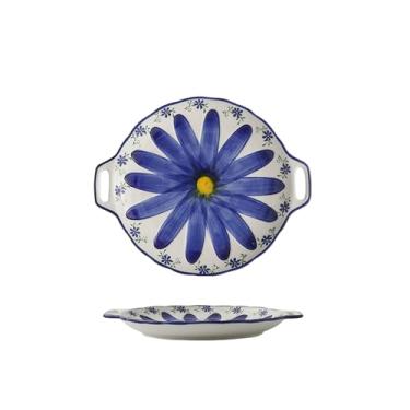 Imagem de Prato raso de orelha dupla de flor pintada à mão Prato de café da manhã doméstico de cerâmica cor sob esmalte - azul escuro
