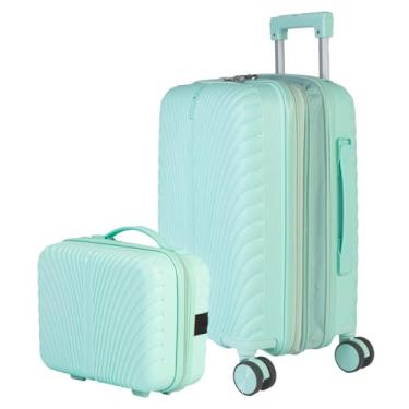 Imagem de Mala Viagem de Bordo Padrão ANAC Polipropileno Resistente Rodas 360° graus Cadeado Antifurto Conjunto com Frasqueira Rígida De Mão (Verde, Mala 8Kg+ Frasqueira P)