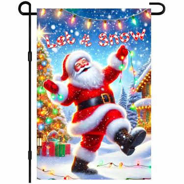Imagem de BlissYard Merry Christmas Bandeira de jardim 30,5 x 45,7 cm Luzes de Papai Noel dançante Let It Snow Bandeira Neve Inverno Exterior Decoração de quintal Faixa de casa varanda gramado pátio decoração