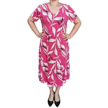 Imagem de Vestido Biografia Estampa Folhas Rosa Plus Size-Feminino