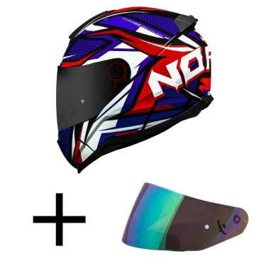 Imagem de Capacete Norisk Razor Sharp Azul Vermelho e Branco Mais Viseira Camaleão