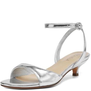 Imagem de TEAIEUI Sandálias femininas de salto gatinho, salto baixo, bico aberto, tira no tornozelo, sandálias femininas para festas e casamentos, Prata, 37