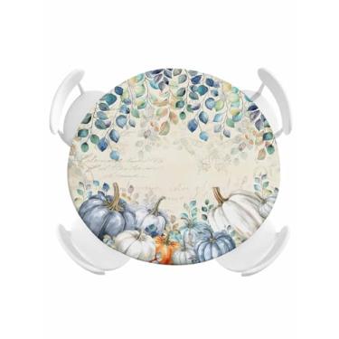 Imagem de Toalha de mesa redonda de outono com elástico de Ação de Graças Azul Branco Abóbora Folhas de Eucalipto Toalha de Mesa Bege para Cozinha, Jantar, Feriado, Serve para Mesas de até 91 cm a 111 cm de