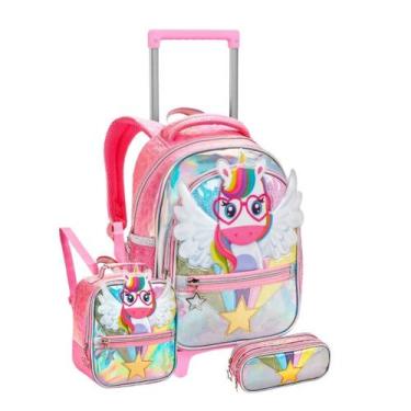 Imagem de Kit Mochila Rodinha 16 Unicórnio Lancheira Térmica Estojo - Denlex